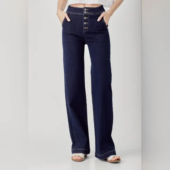 ⭐ Risen Jeans plus size retro flare wide leg trouser dark wash jeans