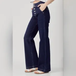 ⭐ Risen Jeans plus size retro flare wide leg trouser dark wash jeans