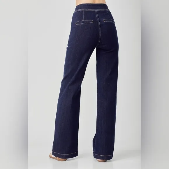 ⭐ Risen Jeans plus size retro flare wide leg trouser dark wash jeans