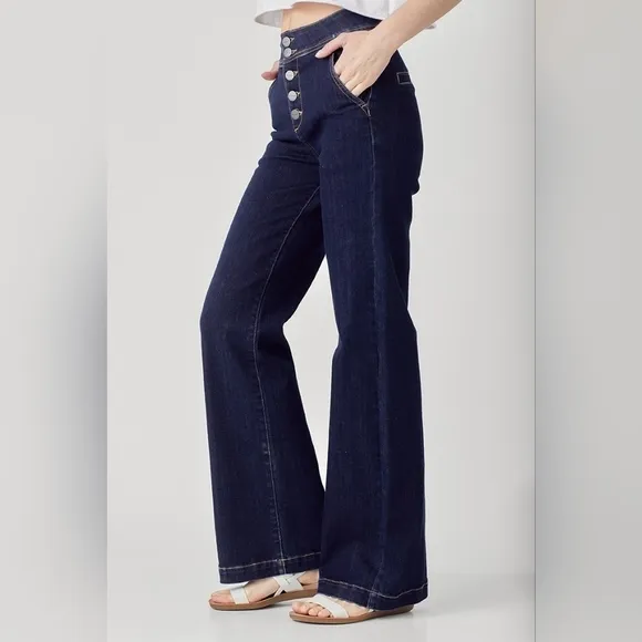 ⭐ Risen Jeans plus size retro flare wide leg trouser dark wash jeans