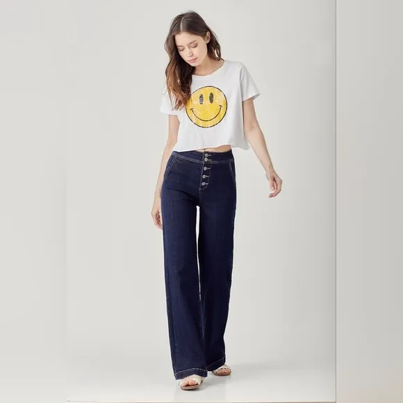 ⭐ Risen Jeans plus size retro flare wide leg trouser dark wash jeans