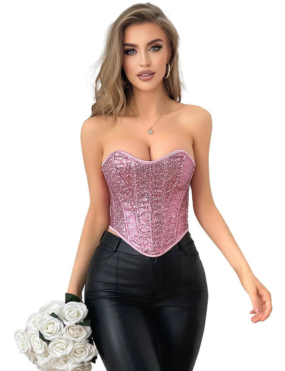 15 Pieces Plastic Bones Pink Sequined Palace Style Lace Up Corset