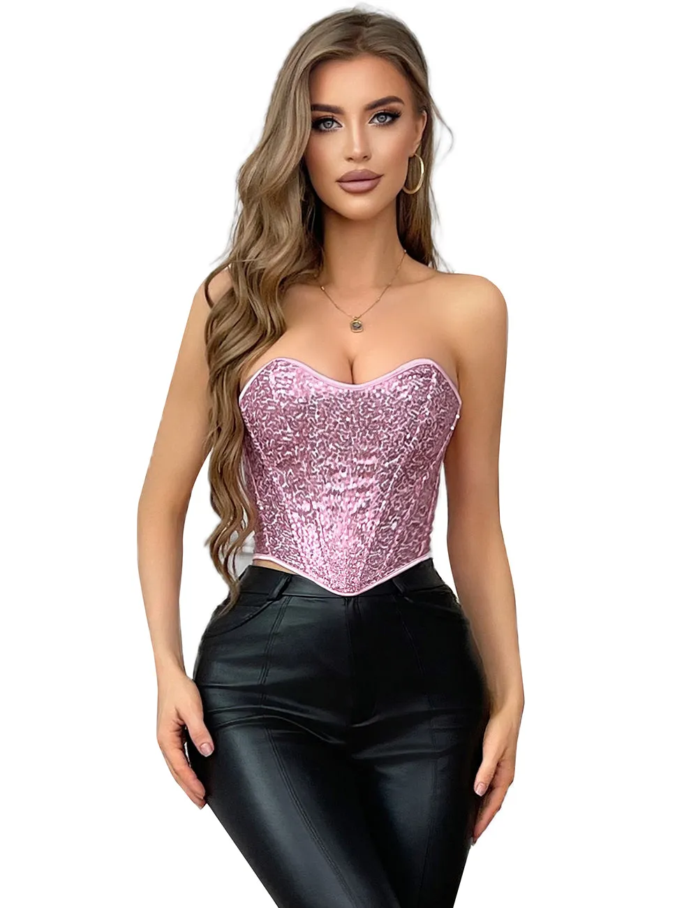 15 Pieces Plastic Bones Pink Sequined Palace Style Lace Up Corset