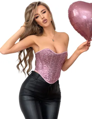 15 Pieces Plastic Bones Pink Sequined Palace Style Lace Up Corset