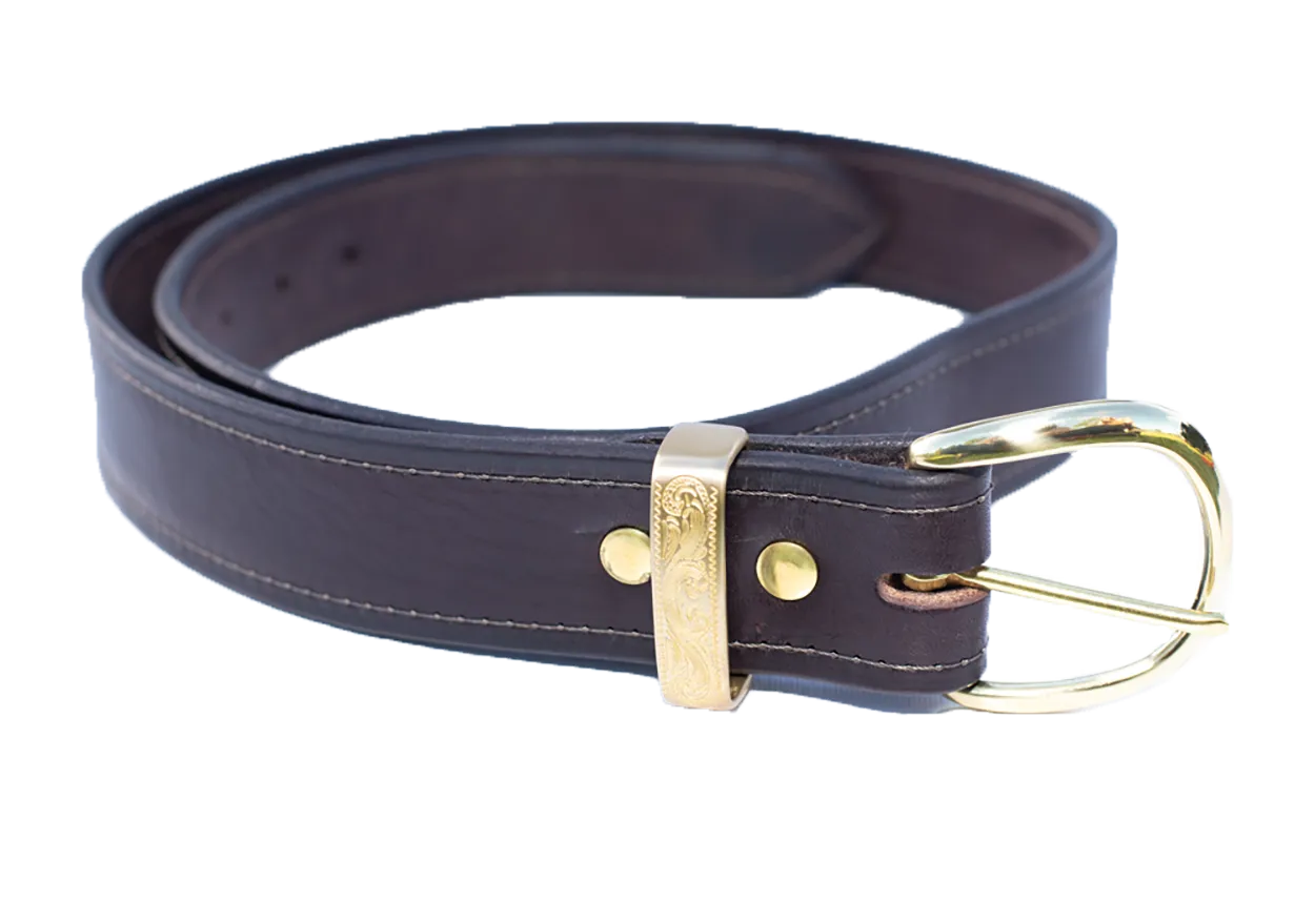 1.50-inch Stitched English Bridle Leather Belt with Solid Brass Belt Keeper
