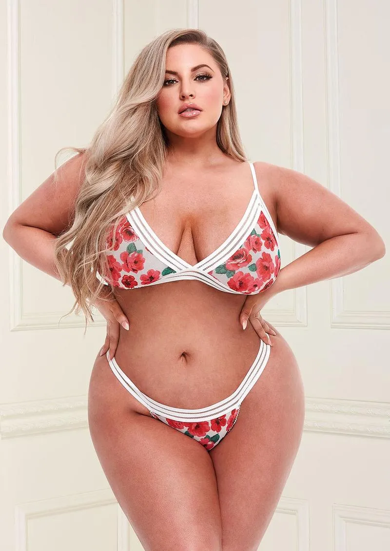 2 Piece White Floral and Lace Bra and Open Back Panty Set