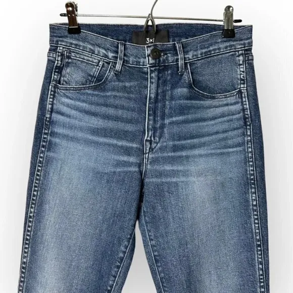 3X1 W3 Blue Cammi Cropped Distressed High-Rise Straight Leg Jeans 27