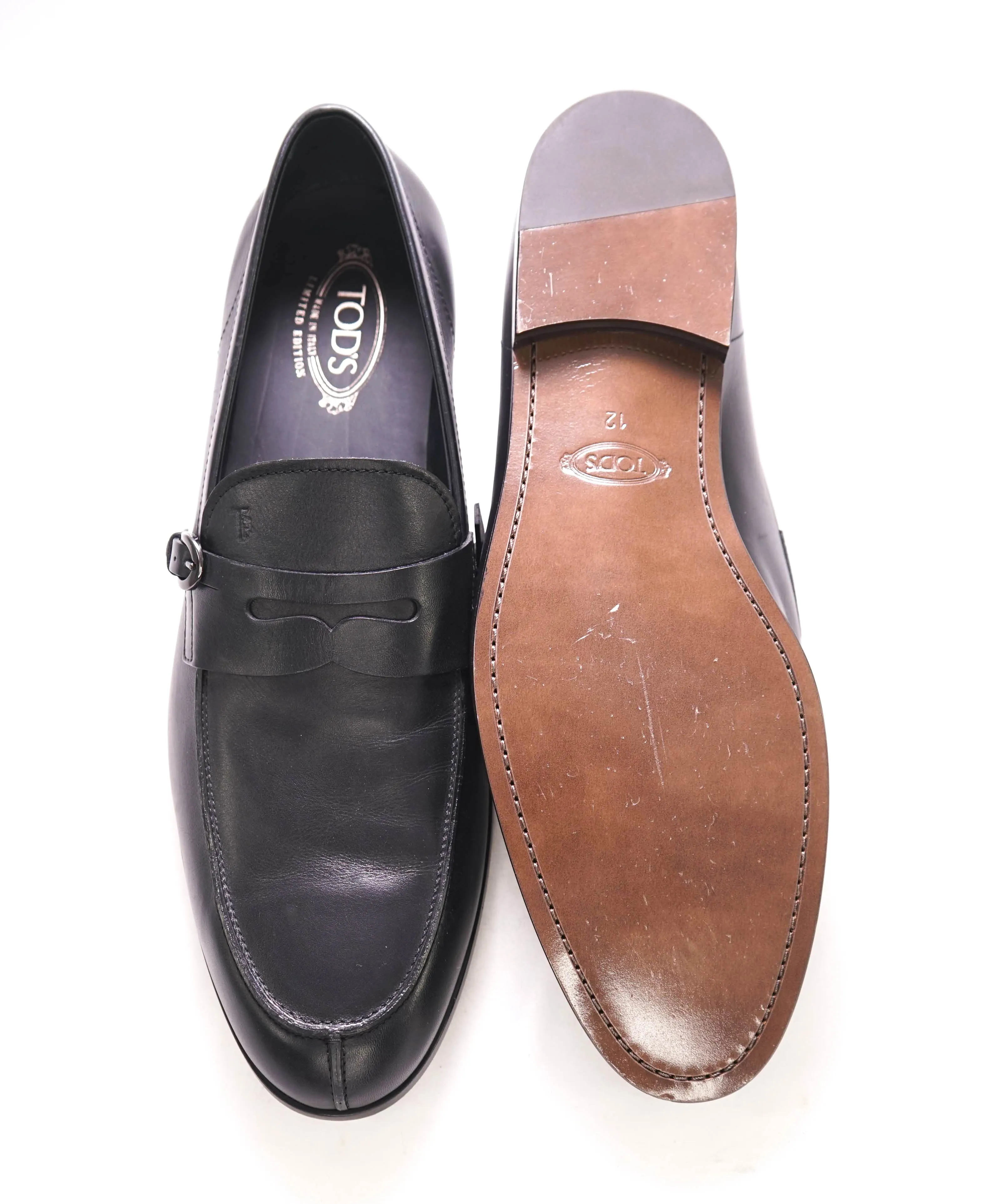 $675 TOD’S - Black Penny Monk Leather LOGO Vamp Loafer - (12 Tod's) 13 US
