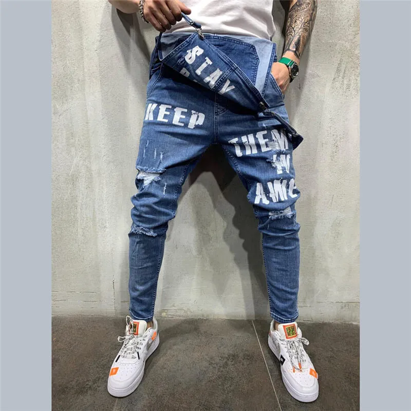 Adjustable Strap Men's Ripped Jumpsuit Denim Bib Overalls Romper