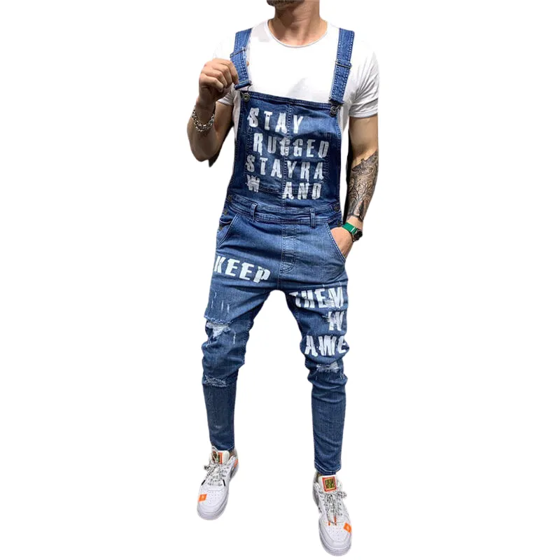 Adjustable Strap Men's Ripped Jumpsuit Denim Bib Overalls Romper