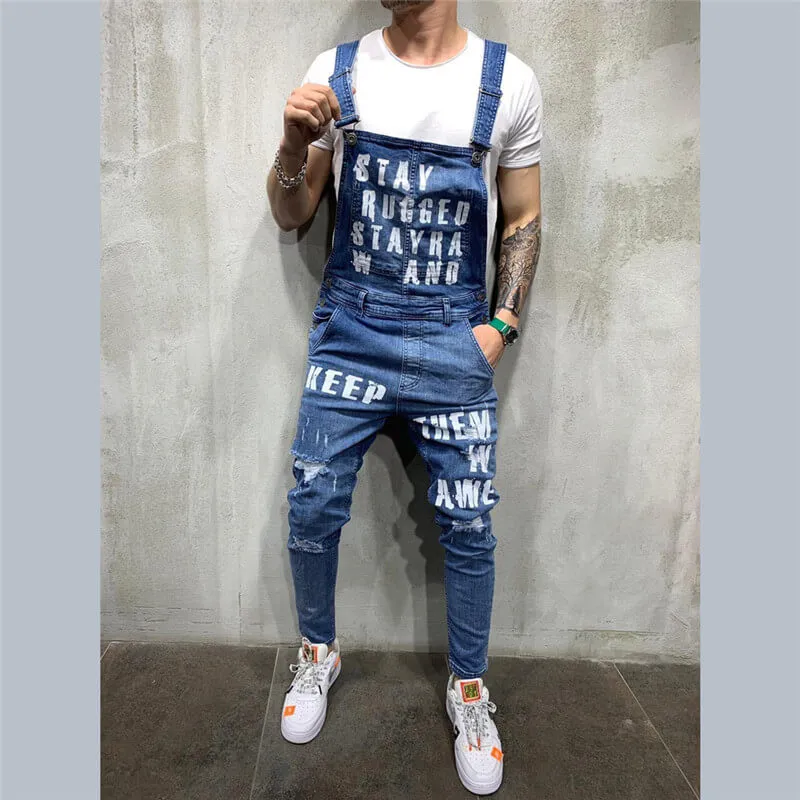 Adjustable Strap Men's Ripped Jumpsuit Denim Bib Overalls Romper