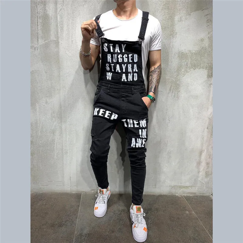 Adjustable Strap Men's Ripped Jumpsuit Denim Bib Overalls Romper