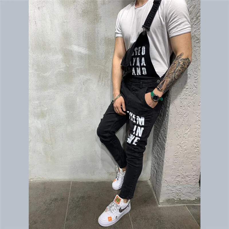 Adjustable Strap Men's Ripped Jumpsuit Denim Bib Overalls Romper
