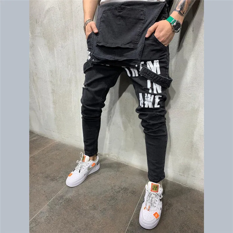 Adjustable Strap Men's Ripped Jumpsuit Denim Bib Overalls Romper