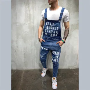 Adjustable Strap Men's Ripped Jumpsuit Denim Bib Overalls Romper