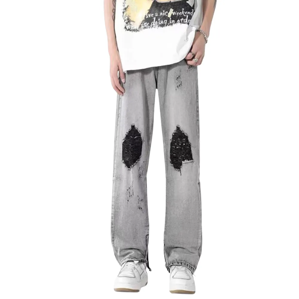 American High Street Washed Gray Ripped Zipper Micro Slit Pants