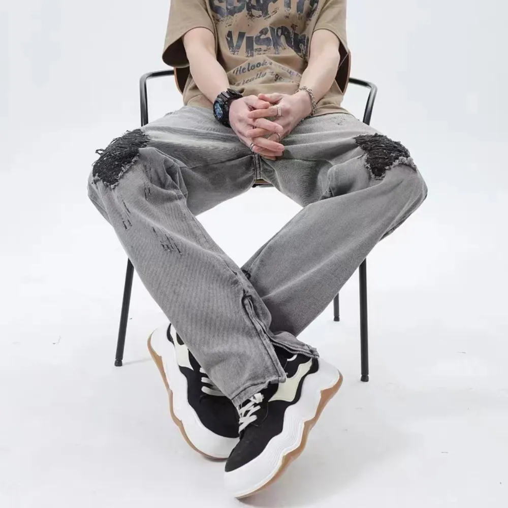 American High Street Washed Gray Ripped Zipper Micro Slit Pants