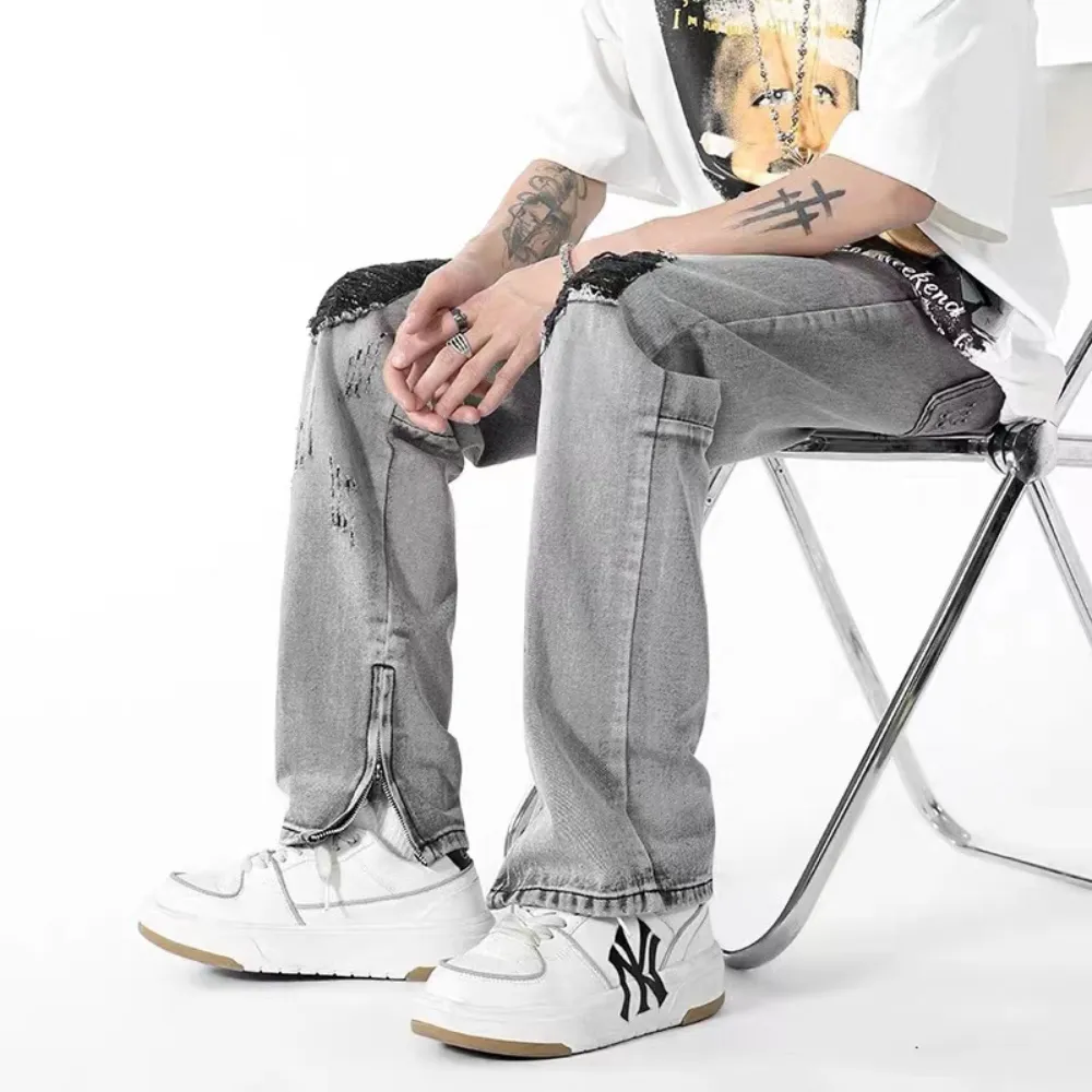 American High Street Washed Gray Ripped Zipper Micro Slit Pants
