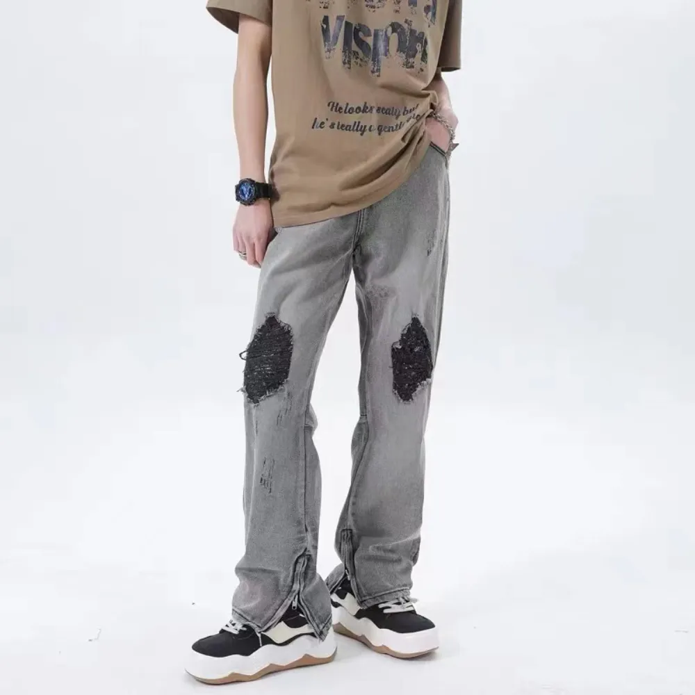 American High Street Washed Gray Ripped Zipper Micro Slit Pants