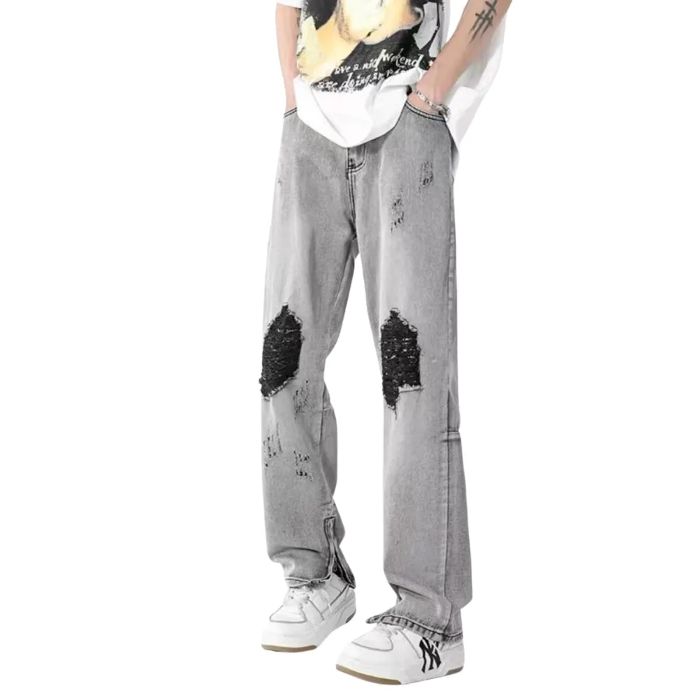 American High Street Washed Gray Ripped Zipper Micro Slit Pants