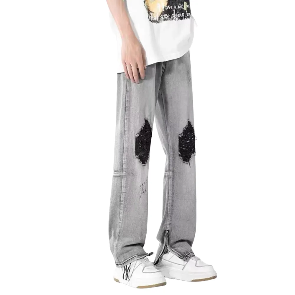 American High Street Washed Gray Ripped Zipper Micro Slit Pants