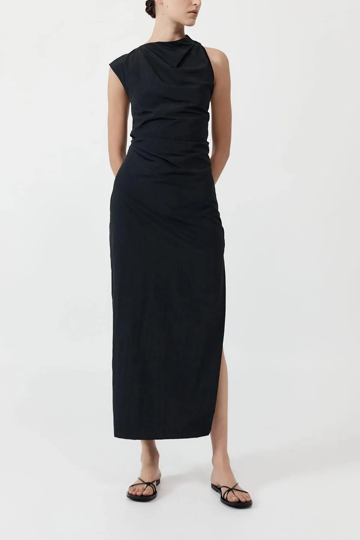 Asymm Tuck Dress in Black