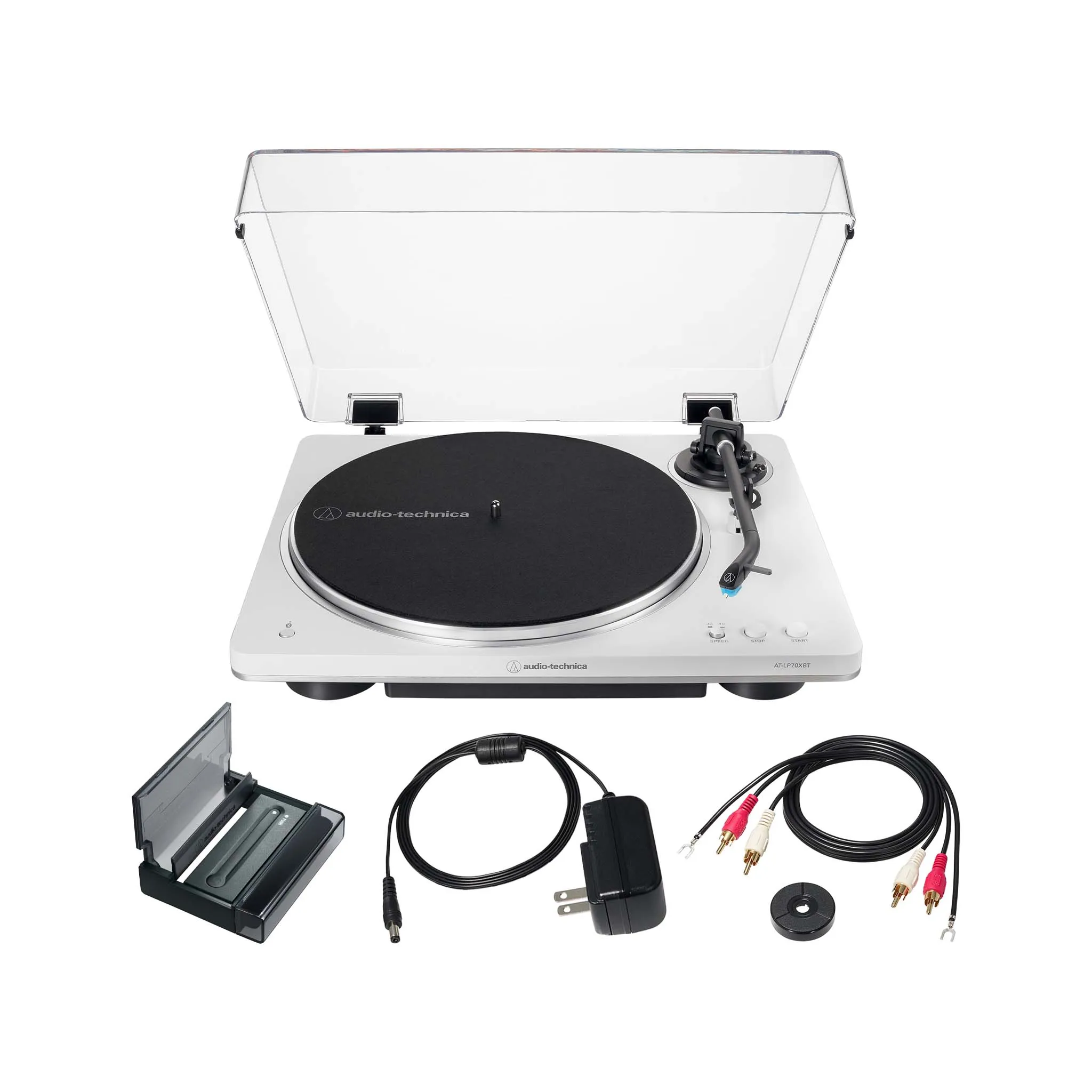 Audio Technica LP70XBT Fully Automatic Wireless Belt-Drive Turntable, White Silver w/AT6028 Cleaning Tool Kit