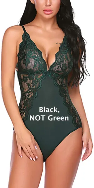 Avidlove Women Snap Crotch Bodysuit Sexy One Piece Lingerie Deep V Neck Teddy Naughty Negligee - Size Large, BLACK (Not Green)