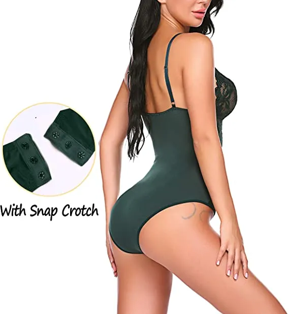 Avidlove Women Snap Crotch Bodysuit Sexy One Piece Lingerie Deep V Neck Teddy Naughty Negligee - Size Large, BLACK (Not Green)