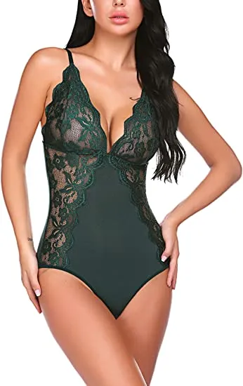 Avidlove Women Snap Crotch Bodysuit Sexy One Piece Lingerie Deep V Neck Teddy Naughty Negligee - Size Large, BLACK (Not Green)