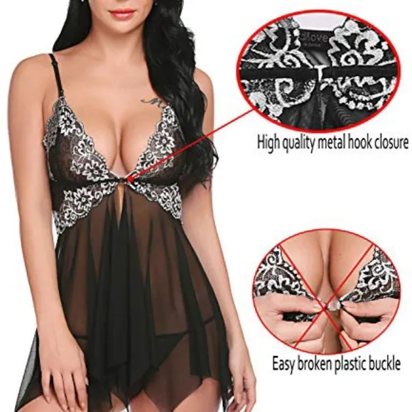 Avidlove Women's Lingerie Lace Babydoll V Neck Nightwear Strap Chemise/thong set
