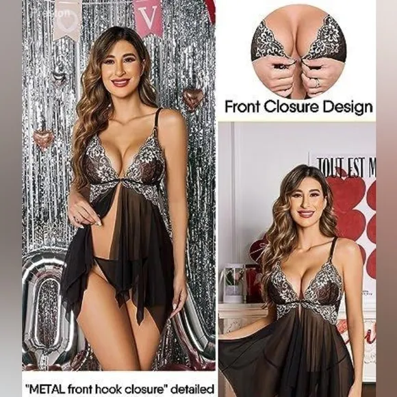 Avidlove Women's Lingerie Lace Babydoll V Neck Nightwear Strap Chemise/thong set