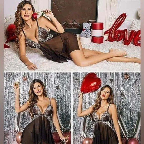 Avidlove Women's Lingerie Lace Babydoll V Neck Nightwear Strap Chemise/thong set