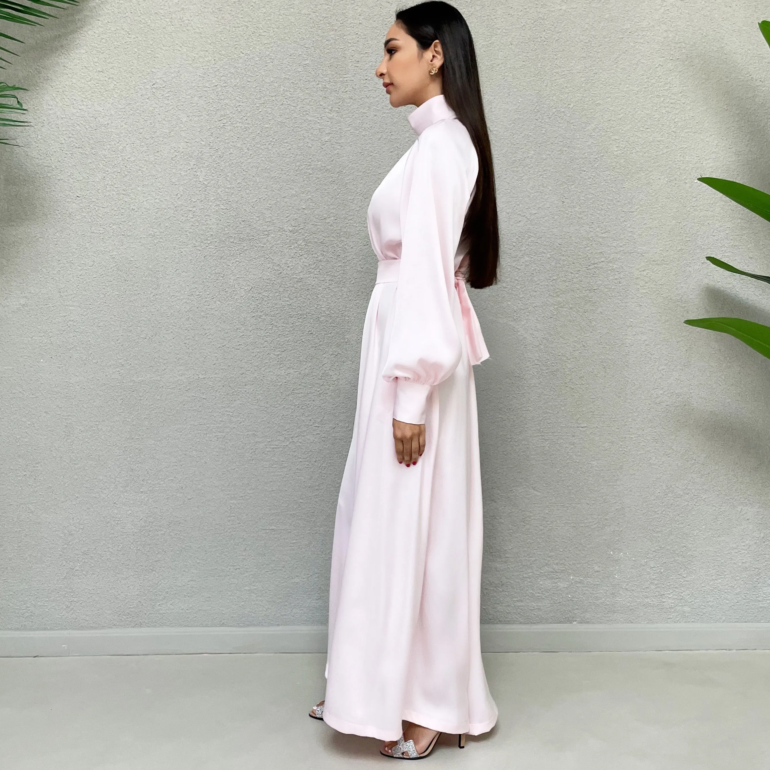 AW 21 AMANI  PINK CREPE SATIN HIGH NECK DRESS