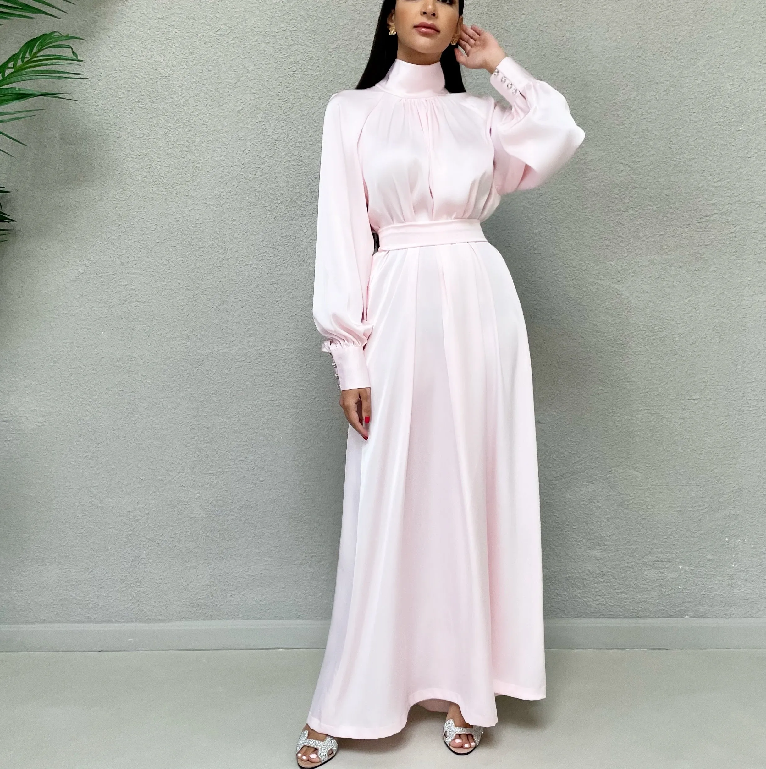 AW 21 AMANI  PINK CREPE SATIN HIGH NECK DRESS