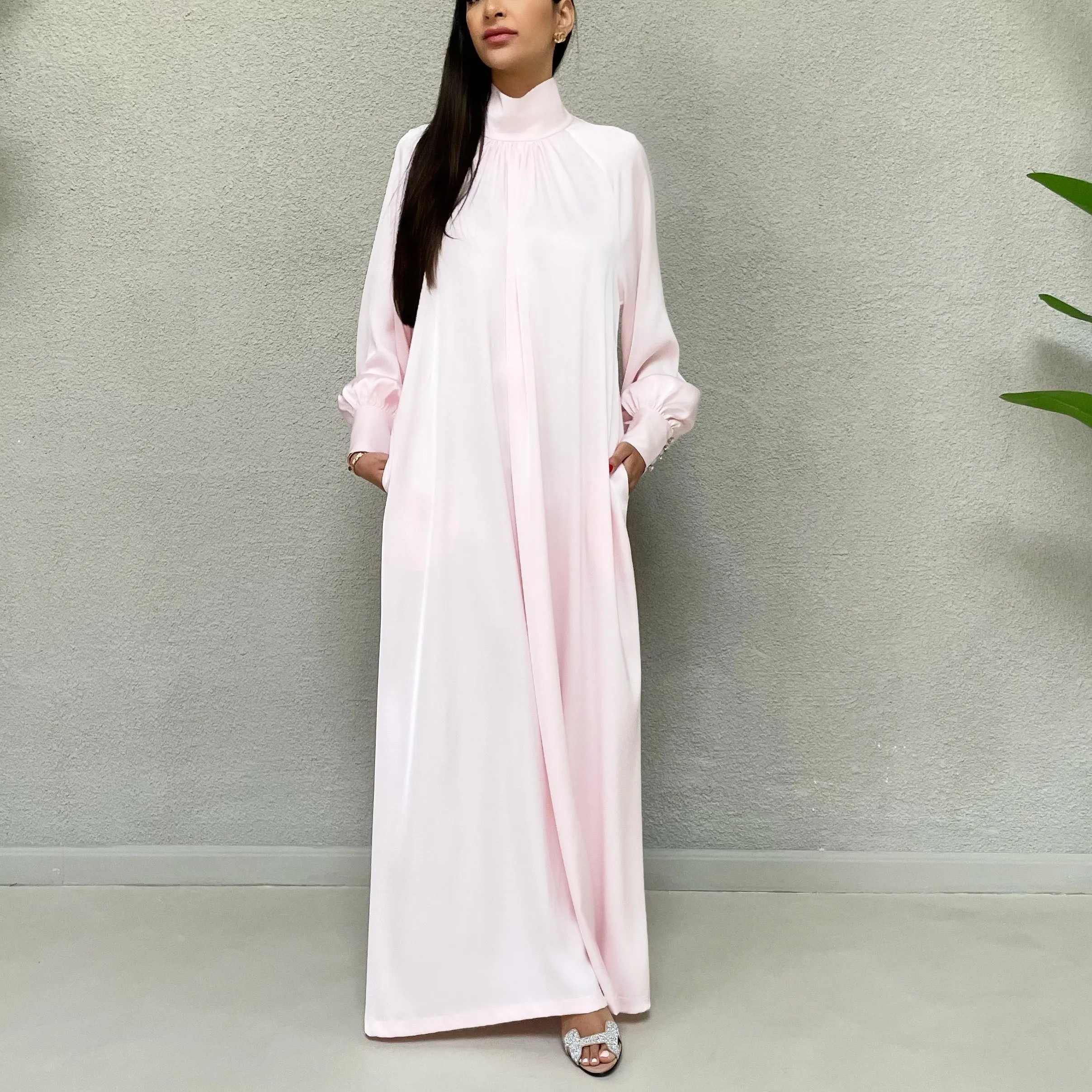 AW 21 AMANI  PINK CREPE SATIN HIGH NECK DRESS