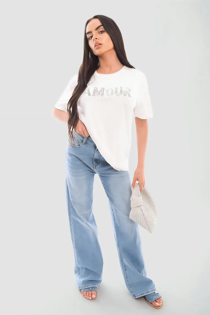 Back Statement Distressed Straight Leg Jeans