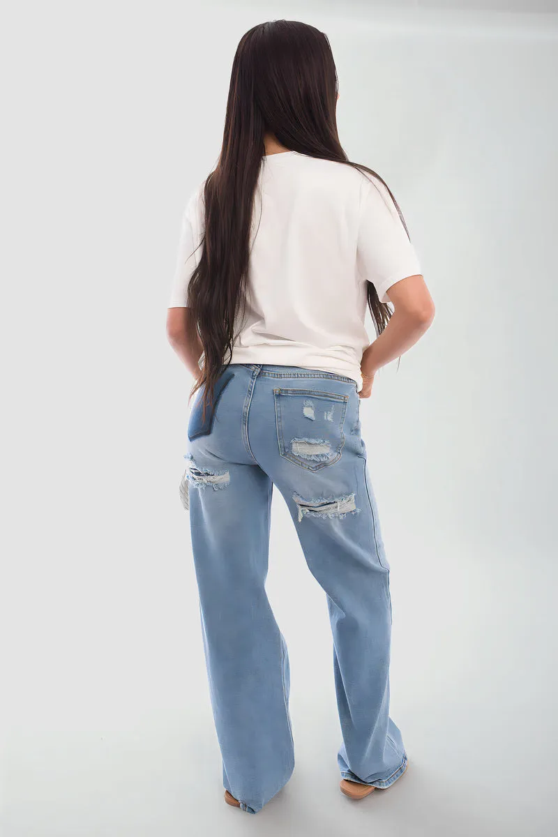 Back Statement Distressed Straight Leg Jeans