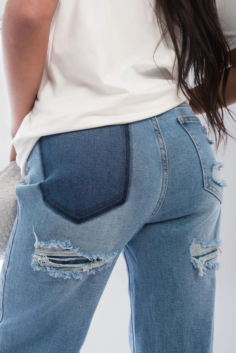 Back Statement Distressed Straight Leg Jeans