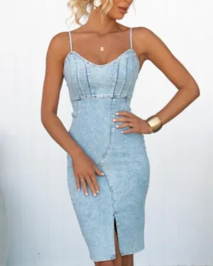 Backless Suspenders Slit Irregular Denim Bodycon Midi Dresses