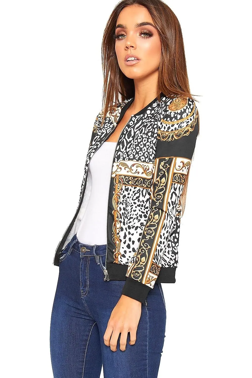 Baroque Leopard Scarf Print Bomber Jacket