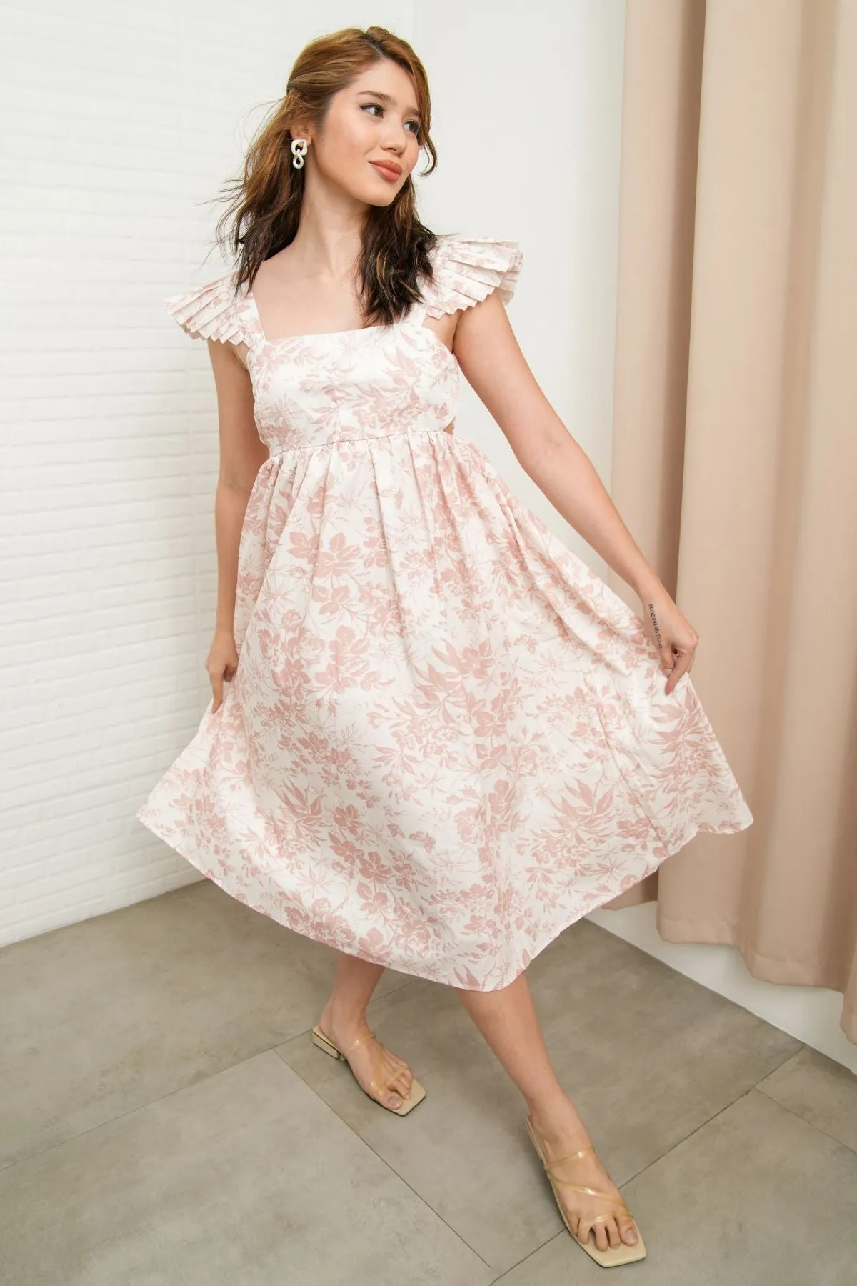 BEATRICE Flutter-Sleeve Midi Dress (Cream Floral)