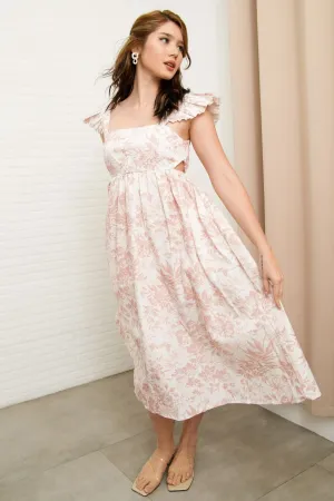 BEATRICE Flutter-Sleeve Midi Dress (Cream Floral)