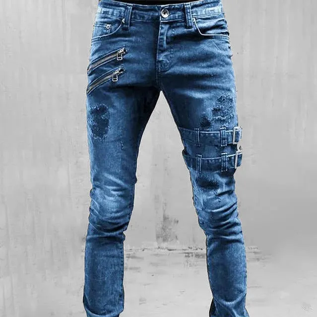 Biker Edge™ | Men's Ripped Skinny Jeans | Punk Style, Buckle Detail, Stretch Fabric for Comfort