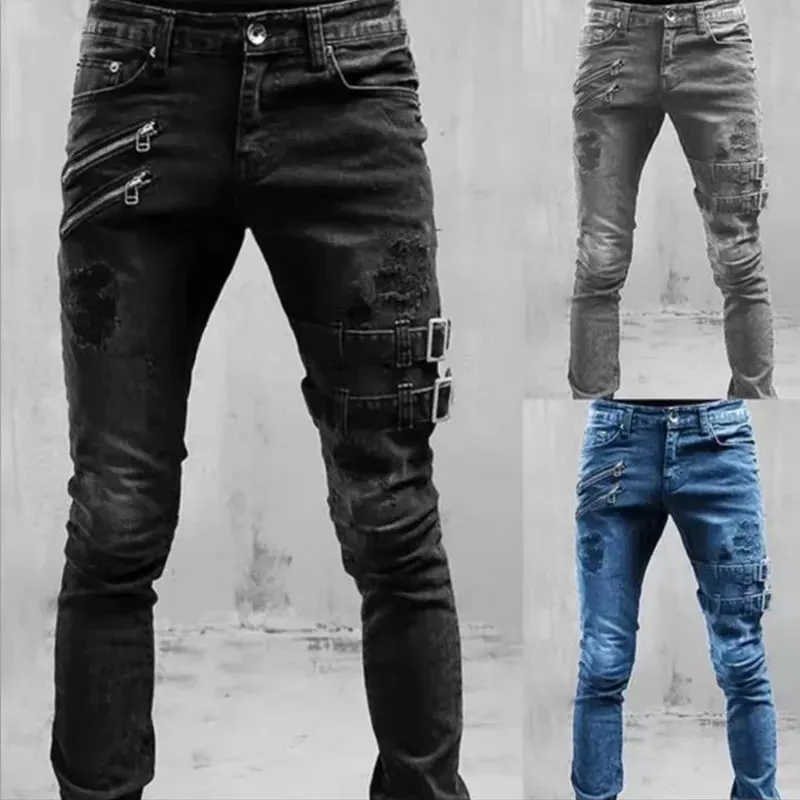 Biker Edge™ | Men's Ripped Skinny Jeans | Punk Style, Buckle Detail, Stretch Fabric for Comfort