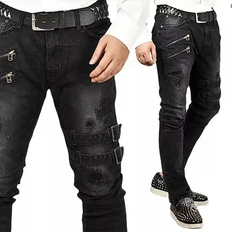 Biker Edge™ | Men's Ripped Skinny Jeans | Punk Style, Buckle Detail, Stretch Fabric for Comfort