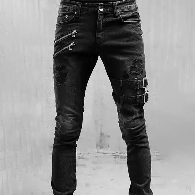 Biker Edge™ | Men's Ripped Skinny Jeans | Punk Style, Buckle Detail, Stretch Fabric for Comfort