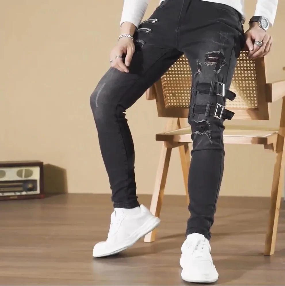 Biker Edge™ | Men's Ripped Skinny Jeans | Punk Style, Buckle Detail, Stretch Fabric for Comfort