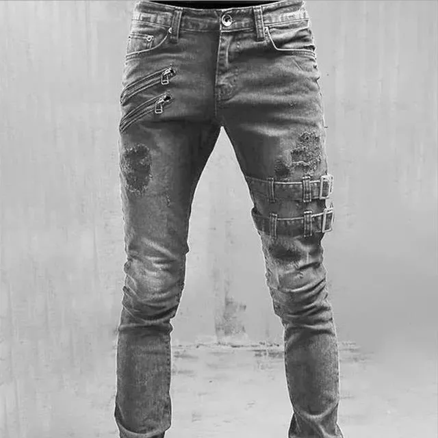 Biker Edge™ | Men's Ripped Skinny Jeans | Punk Style, Buckle Detail, Stretch Fabric for Comfort