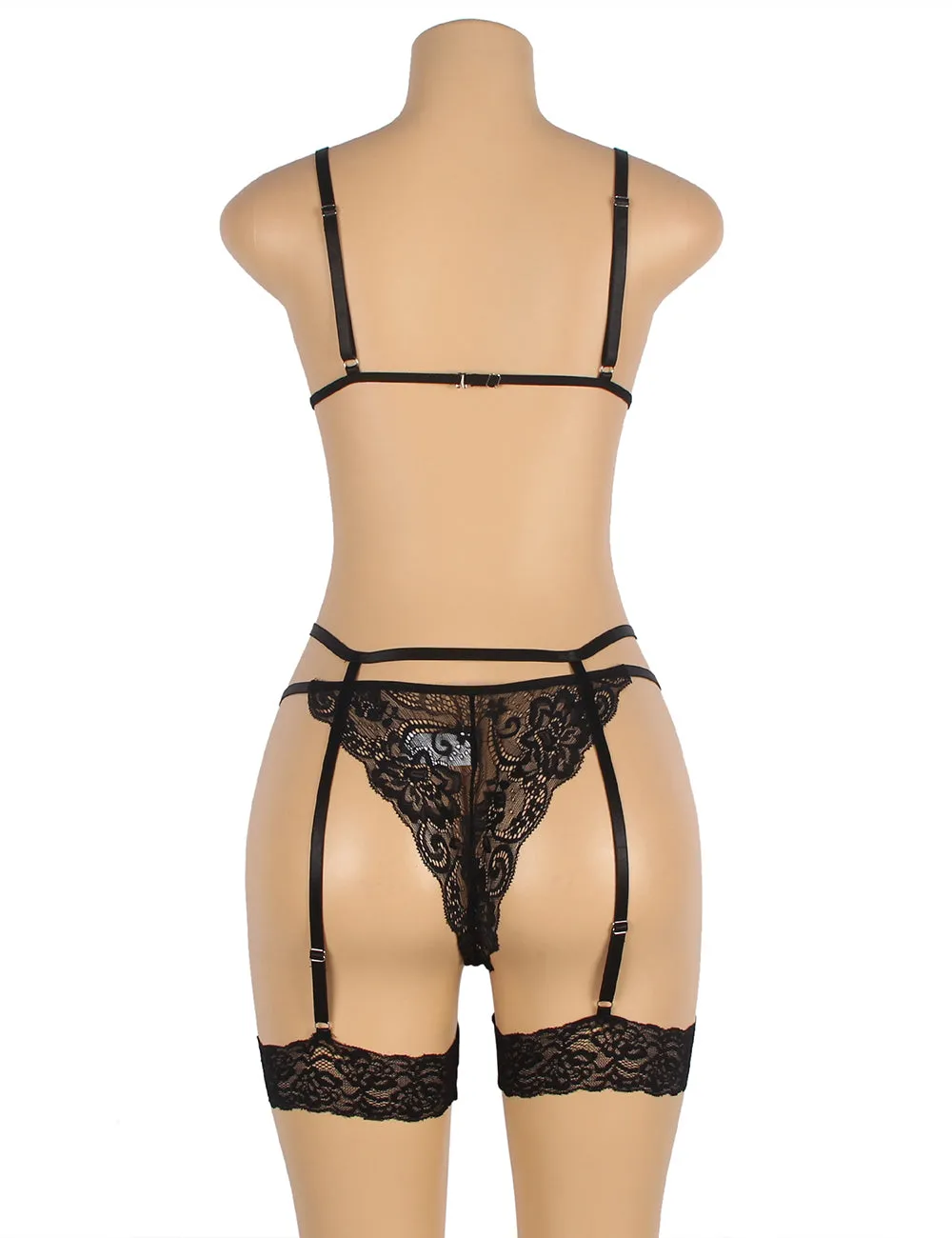 Black & Red Lace Hollow Out Design Garter Belt Leg Ring Bra Set